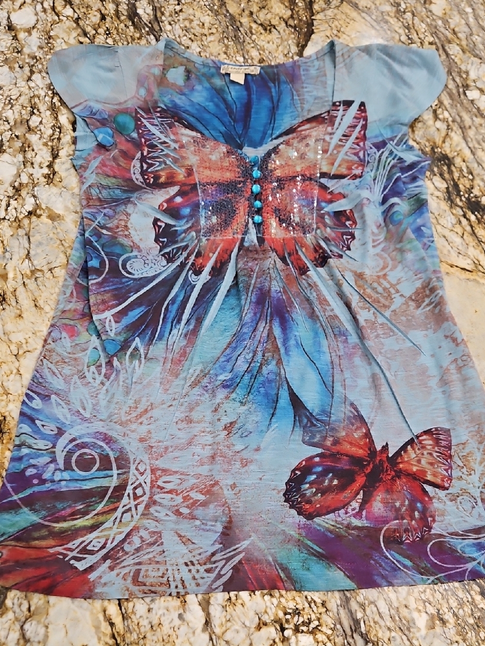 Energe Brand Blue Butterfly Graphic Tee with Turquoise Buttons. Size S